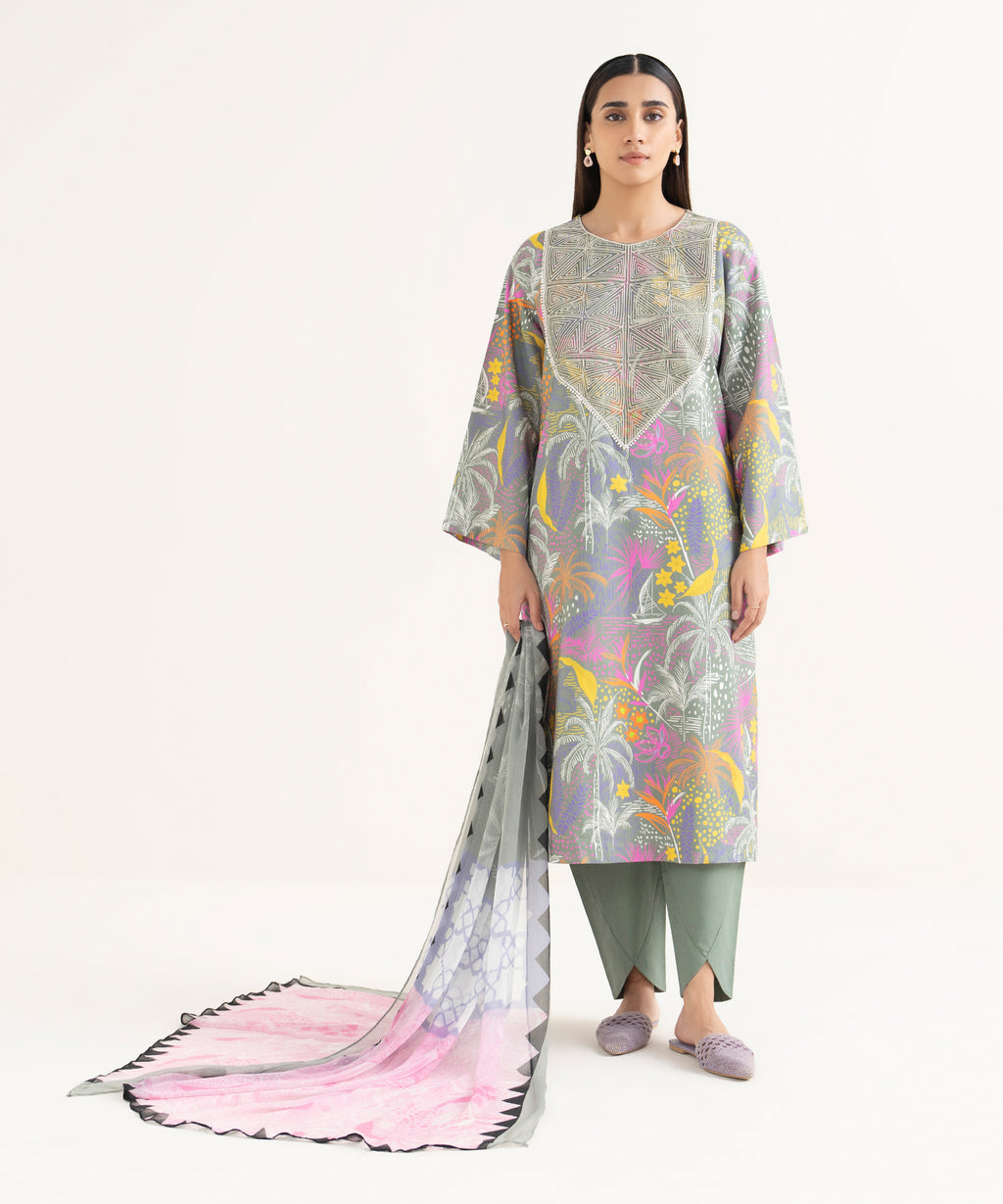 Women's Unstitched Lawn Embroidered Multi 3 Piece Suit