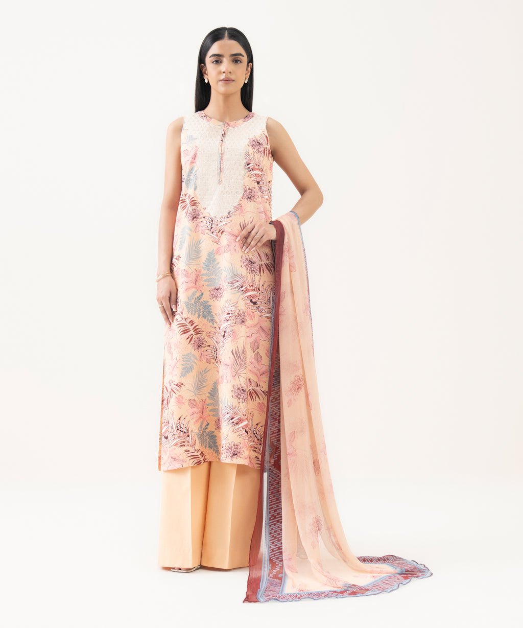 Women's Unstitched Lawn Embroidered Pink 3 Piece Suit