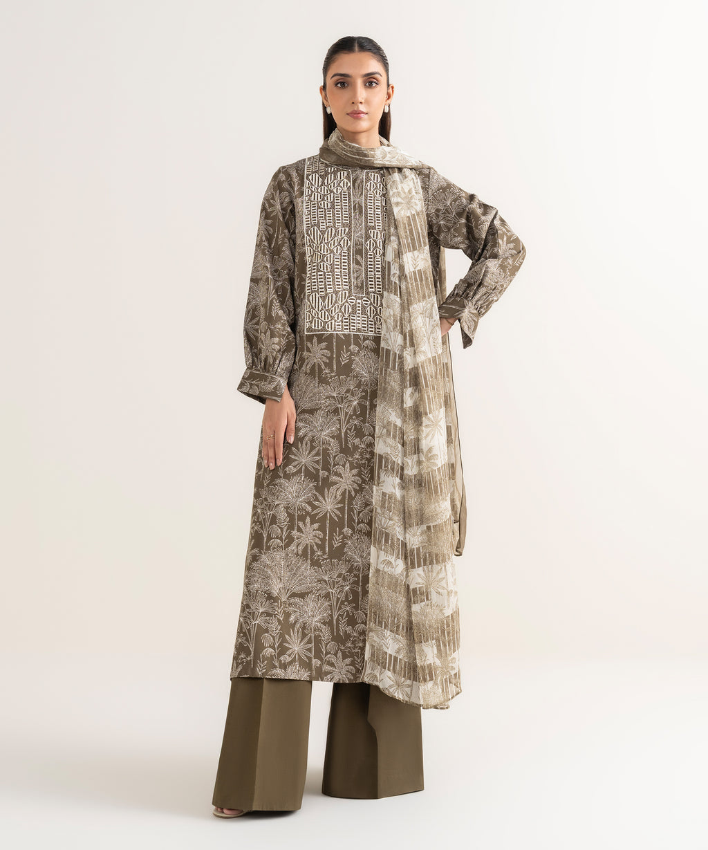 Women's Unstitched Lawn Embroidered Brown 3 Piece Suit
