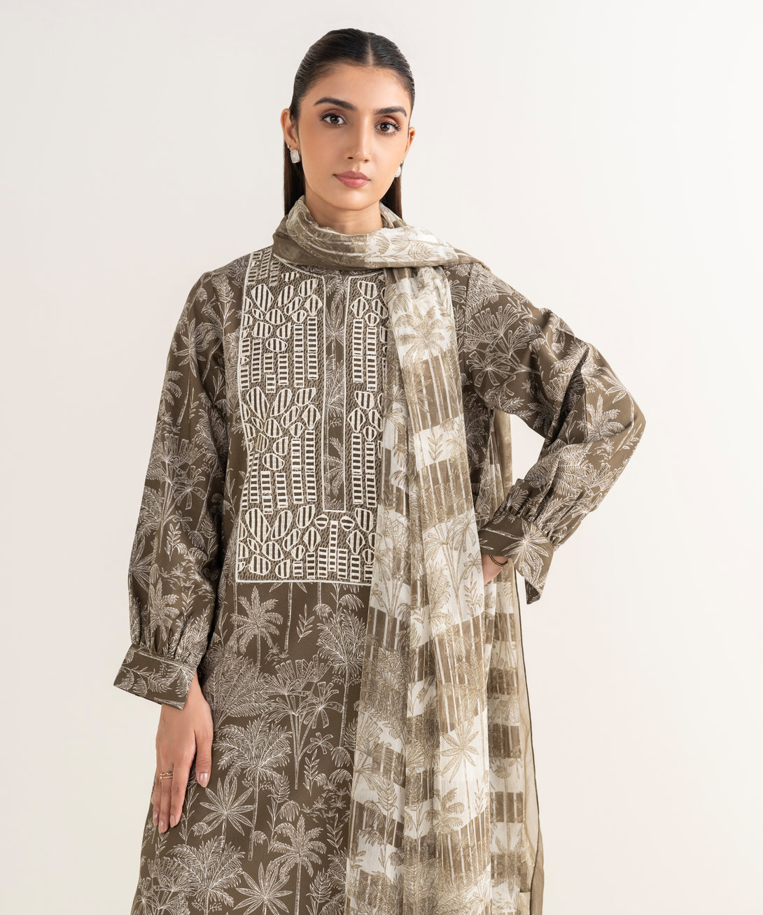 Women's Unstitched Lawn Embroidered Brown 3 Piece Suit