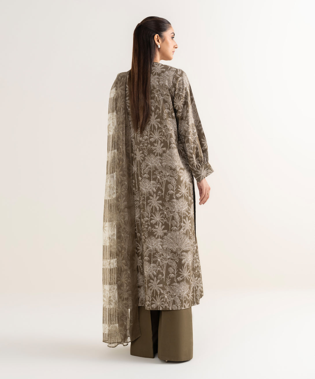 Women's Unstitched Lawn Embroidered Brown 3 Piece Suit