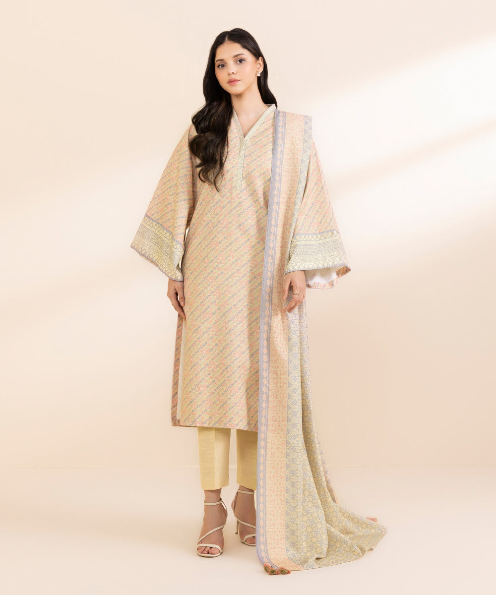 Women's Unstitched Light Khaddar Printed Multi 3 Piece Suit