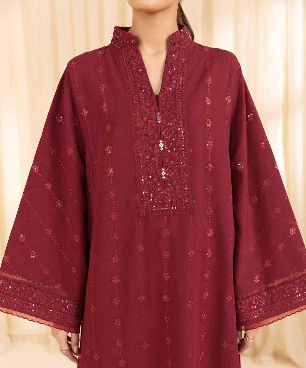 Women's Unstitched Cotton Karandi Red 3 Piece Suit