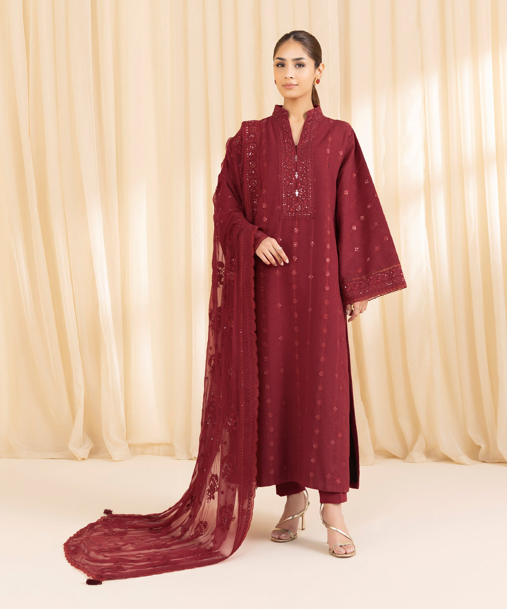 Women's Unstitched Cotton Karandi Red 3 Piece Suit