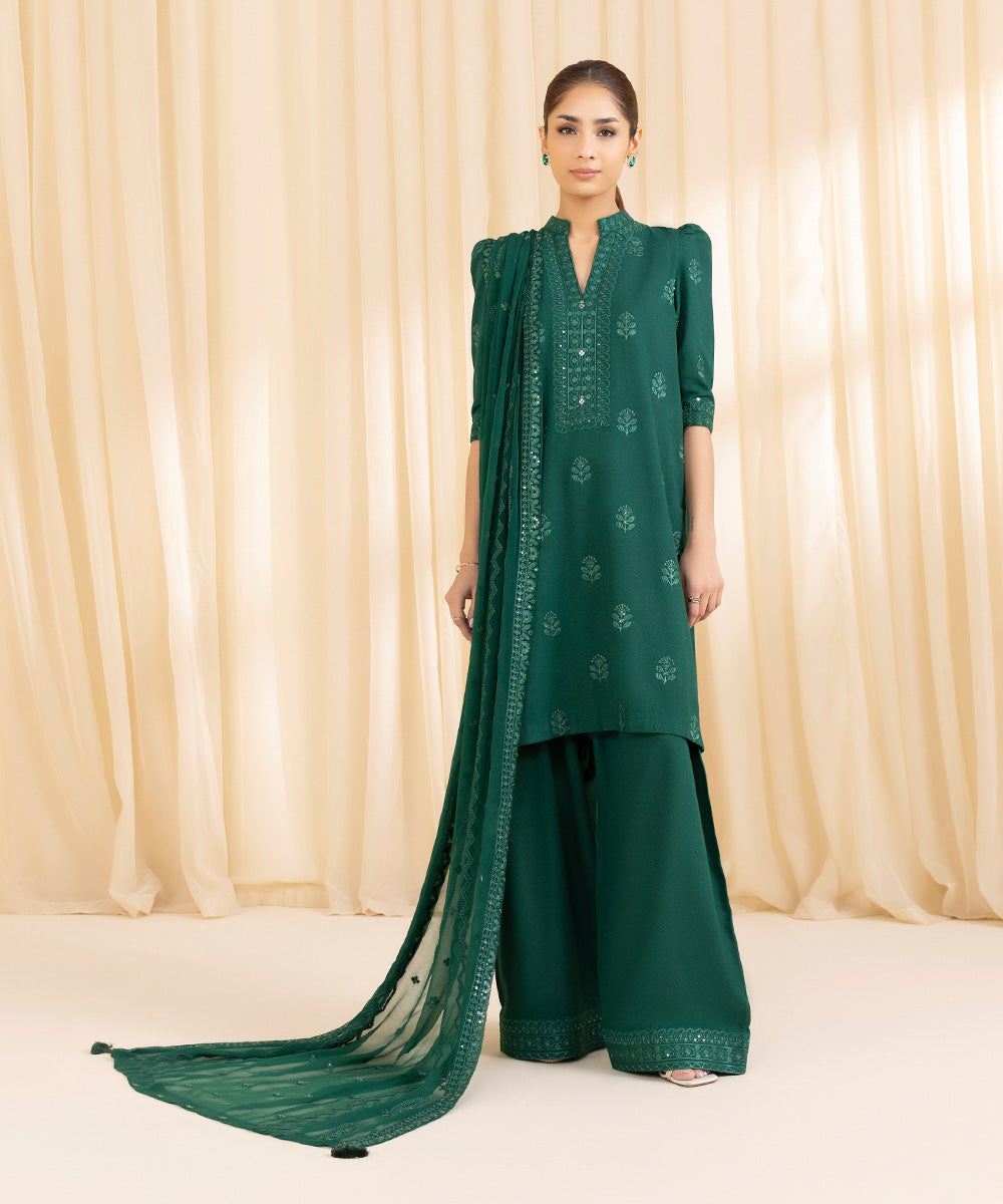 Women's Unstitched Cotton Karandi Green 3 Piece Suit