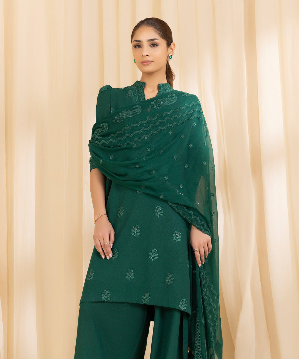 Women's Unstitched Cotton Karandi Green 3 Piece Suit