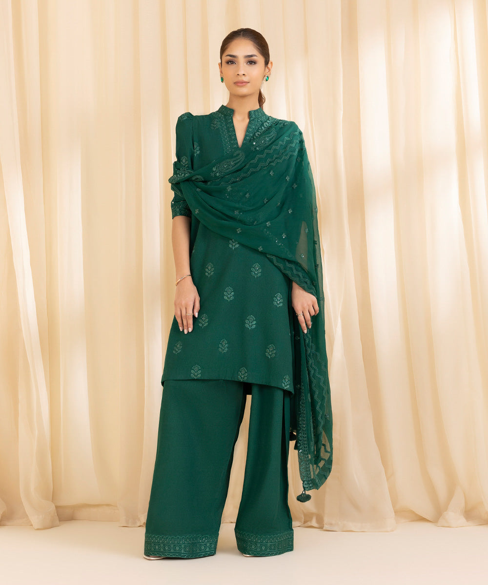 Women's Unstitched Cotton Karandi Green 3 Piece Suit