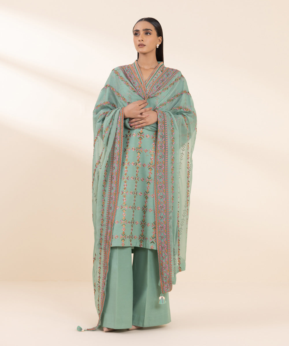 Women's Unstitched Khaddar Embroidered Blue 3 Piece Suit