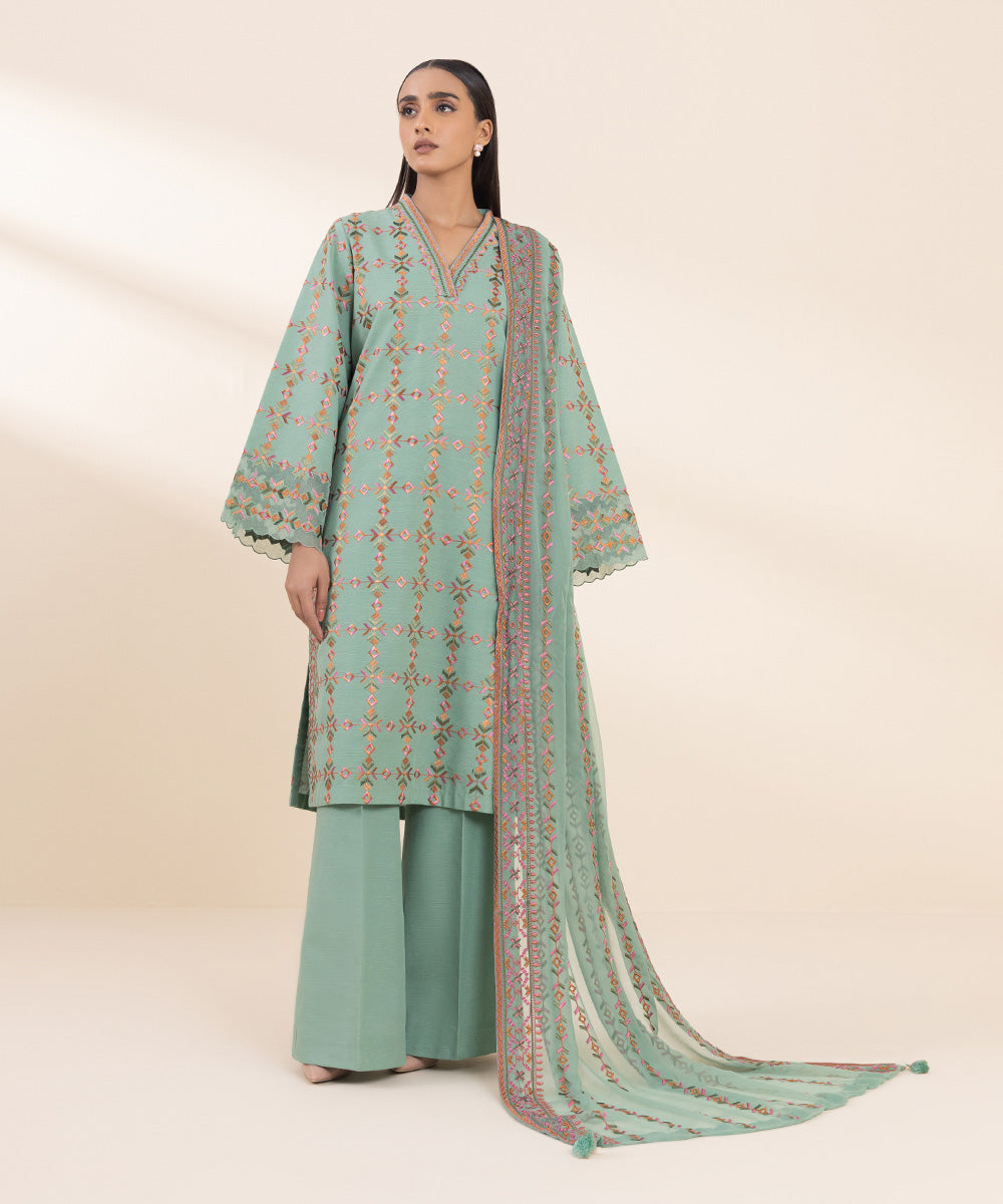 Women's Unstitched Khaddar Embroidered Blue 3 Piece Suit