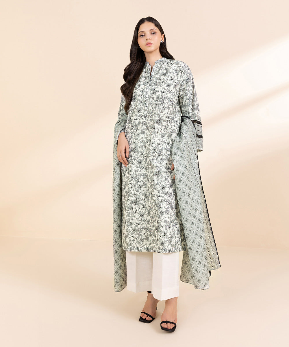 Women's Unstitched Light Khaddar Printed White 3 Piece Suit