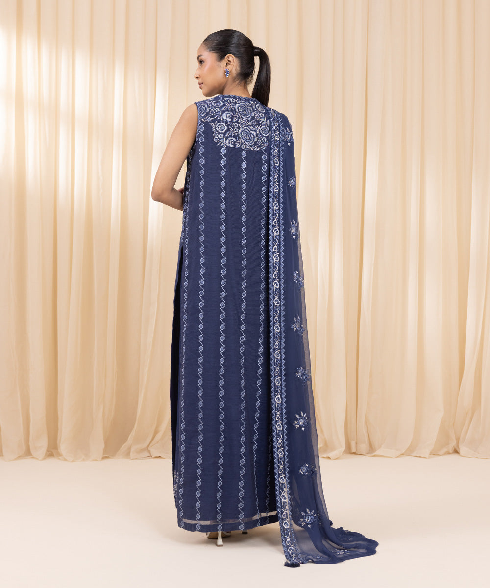 Women's Unstitched Khaddi Net Blue 3 Piece Suit