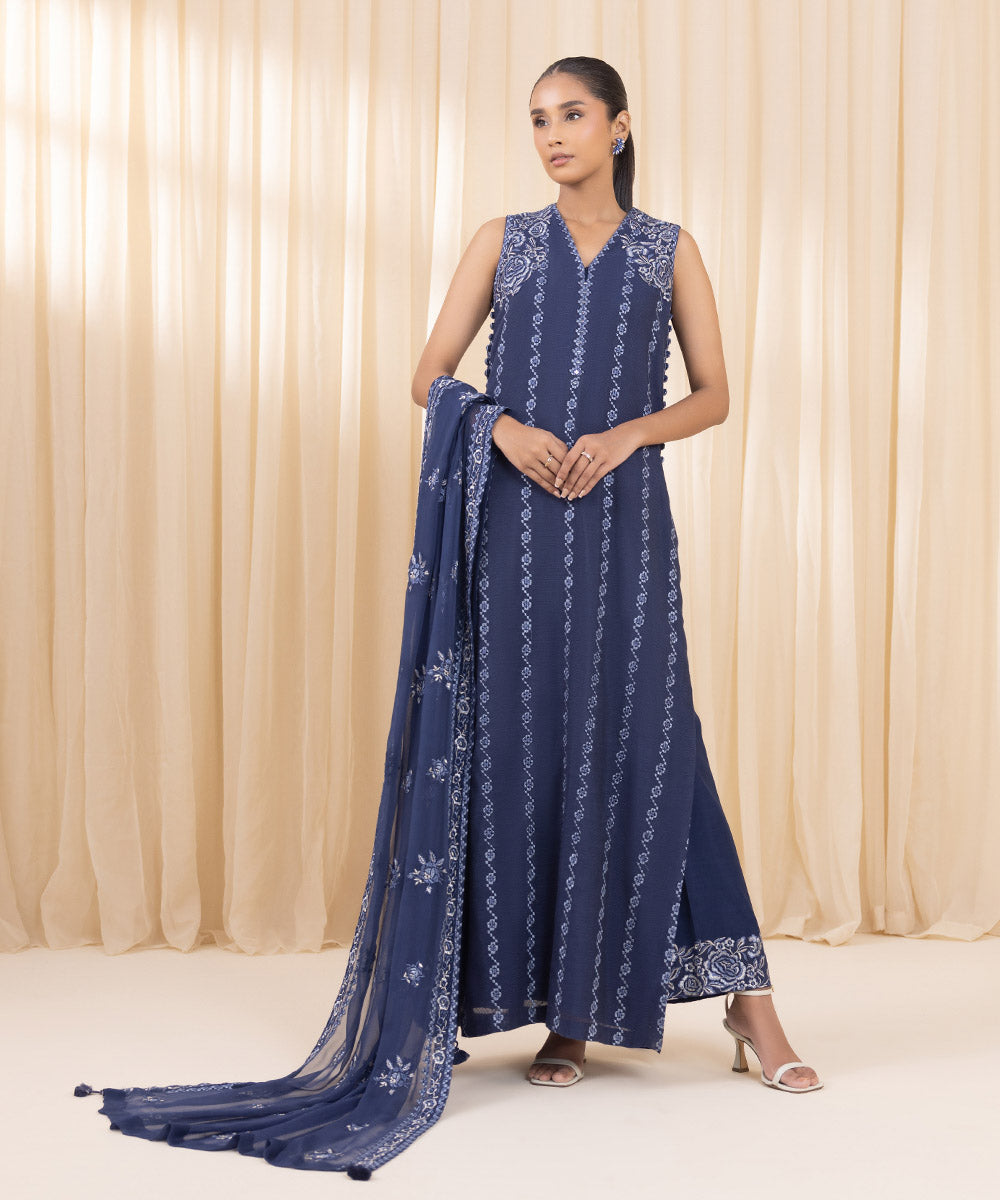 Women's Unstitched Khaddi Net Blue 3 Piece Suit