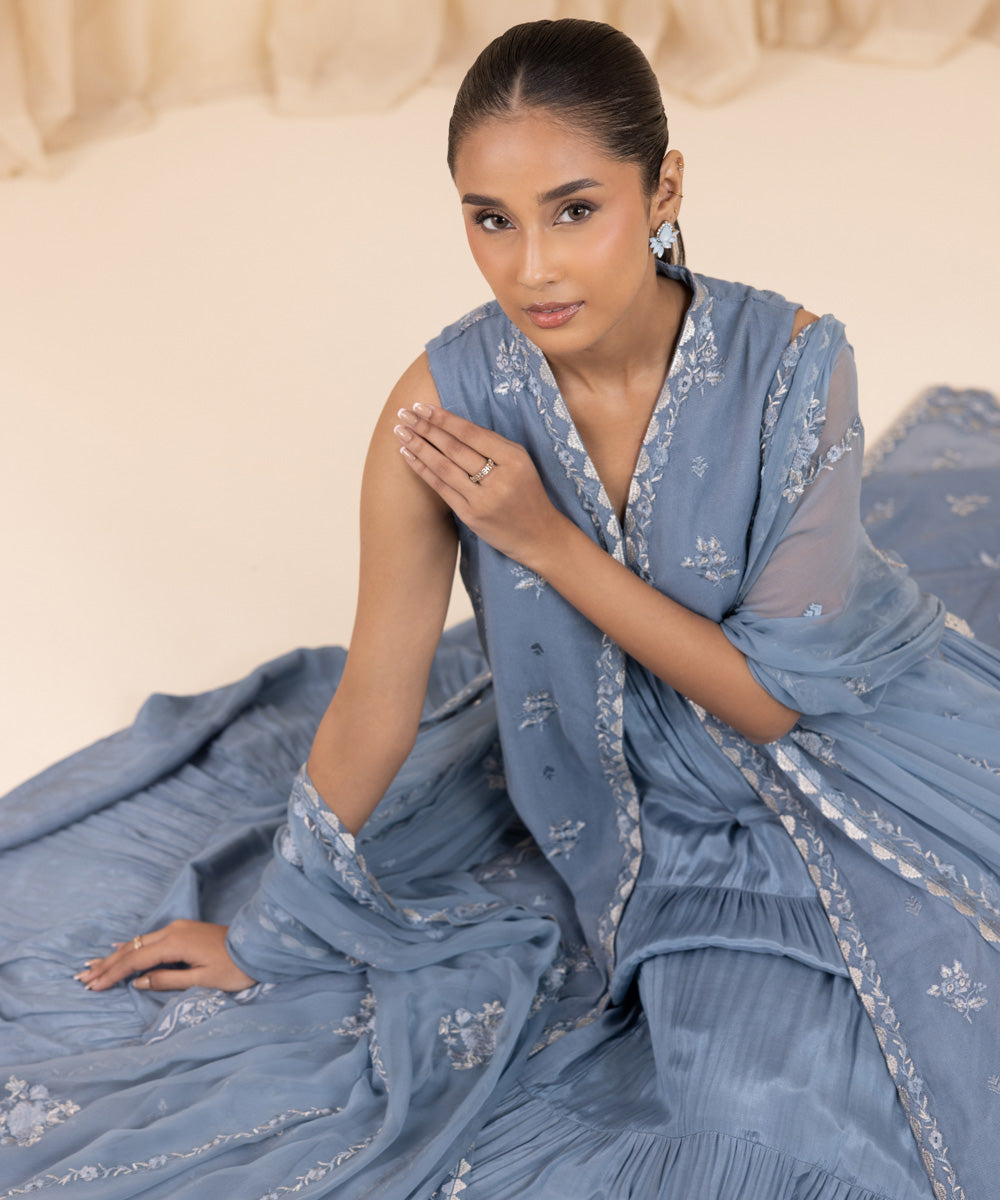 Women's Unstitched Khaddi Net Blue 3 Piece Suit