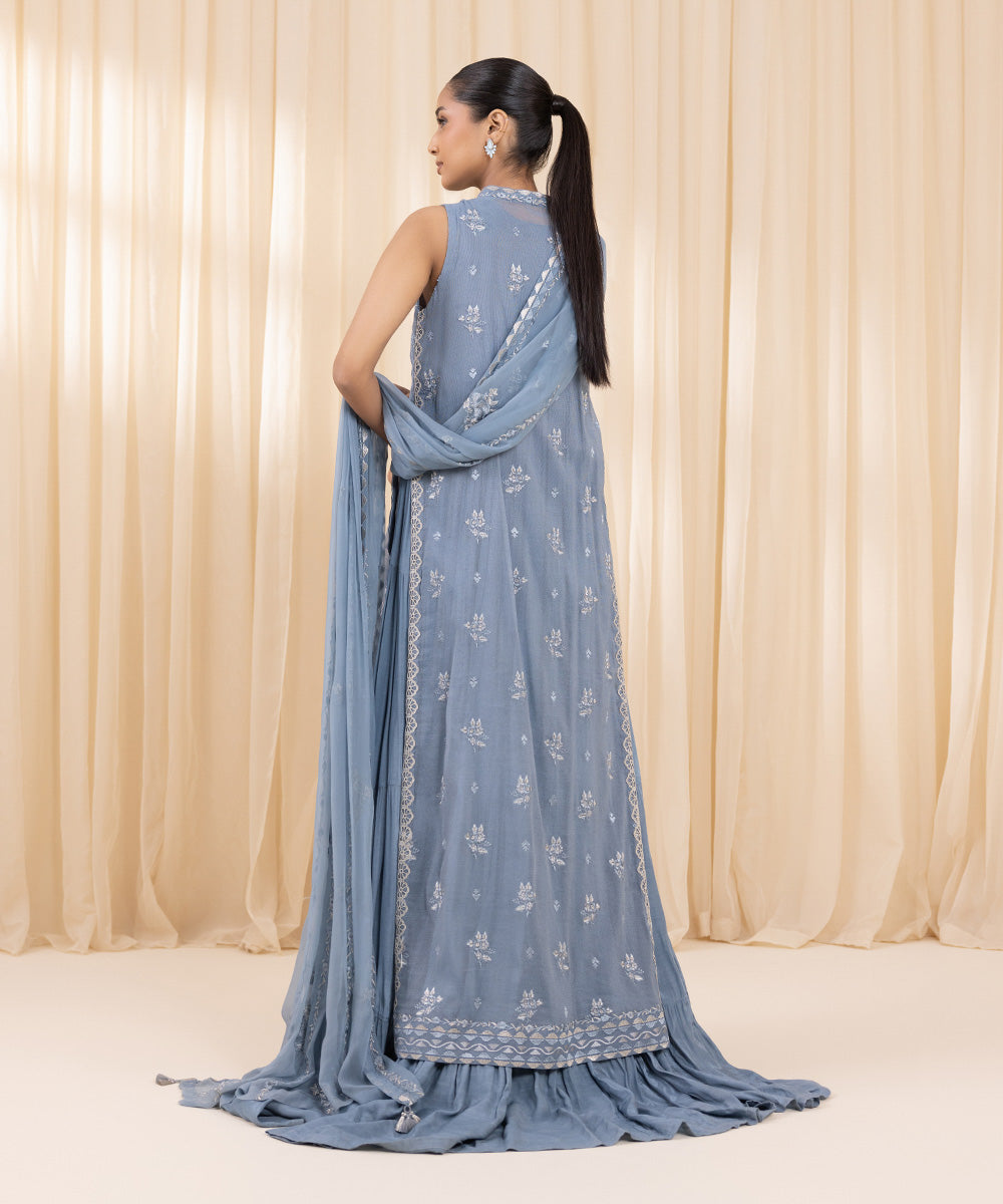 Women's Unstitched Khaddi Net Blue 3 Piece Suit