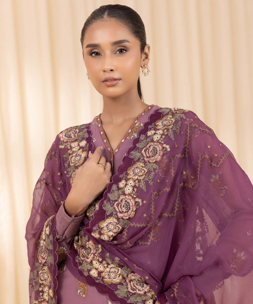 Women's Unstitched Blended Chiffon Purple 3 Piece Suit