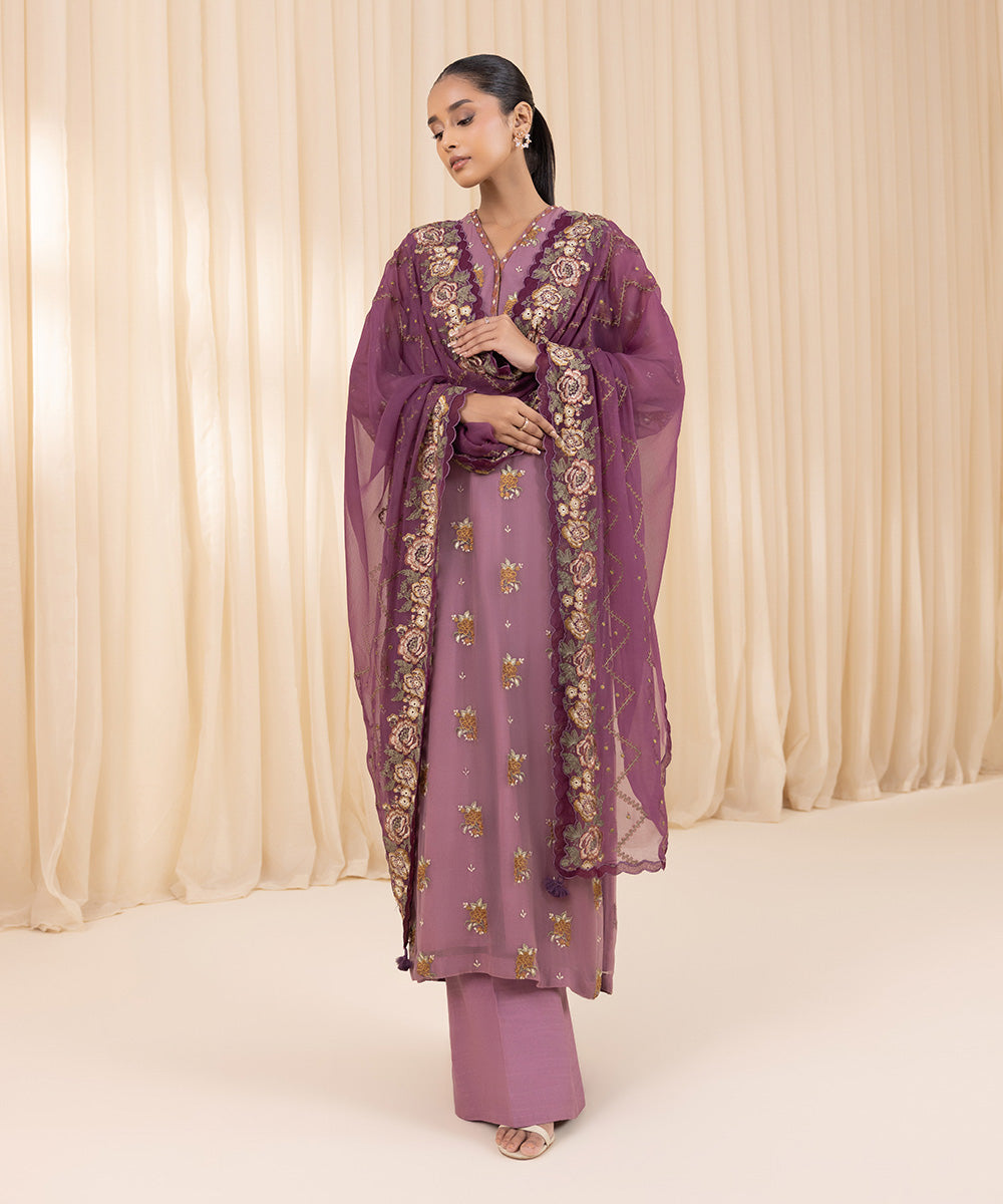 Women's Unstitched Blended Chiffon Purple 3 Piece Suit