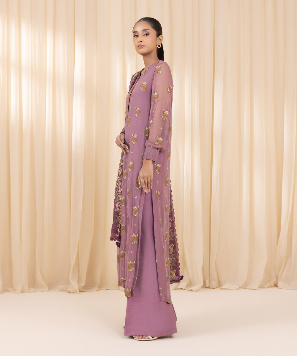 Women's Unstitched Blended Chiffon Purple 3 Piece Suit