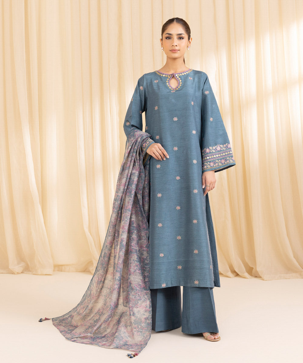 Women's Unstitched PK Raw Silk Blue 3 Piece Suit