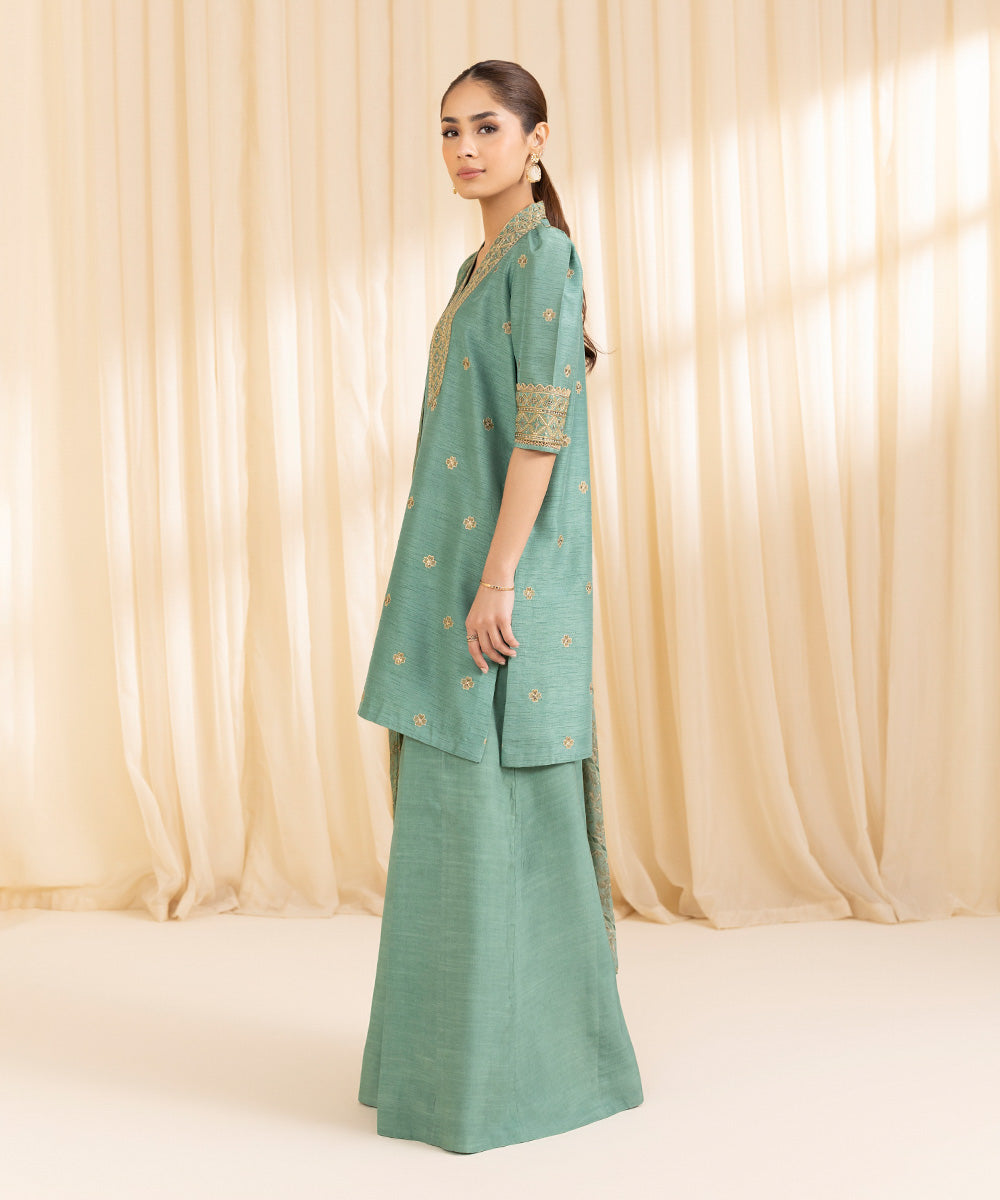 Women's Unstitched PK Raw Silk Green 3 Piece Suit