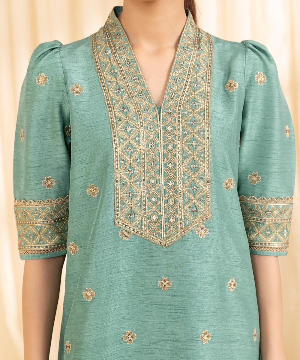 Women's Unstitched PK Raw Silk Green 3 Piece Suit