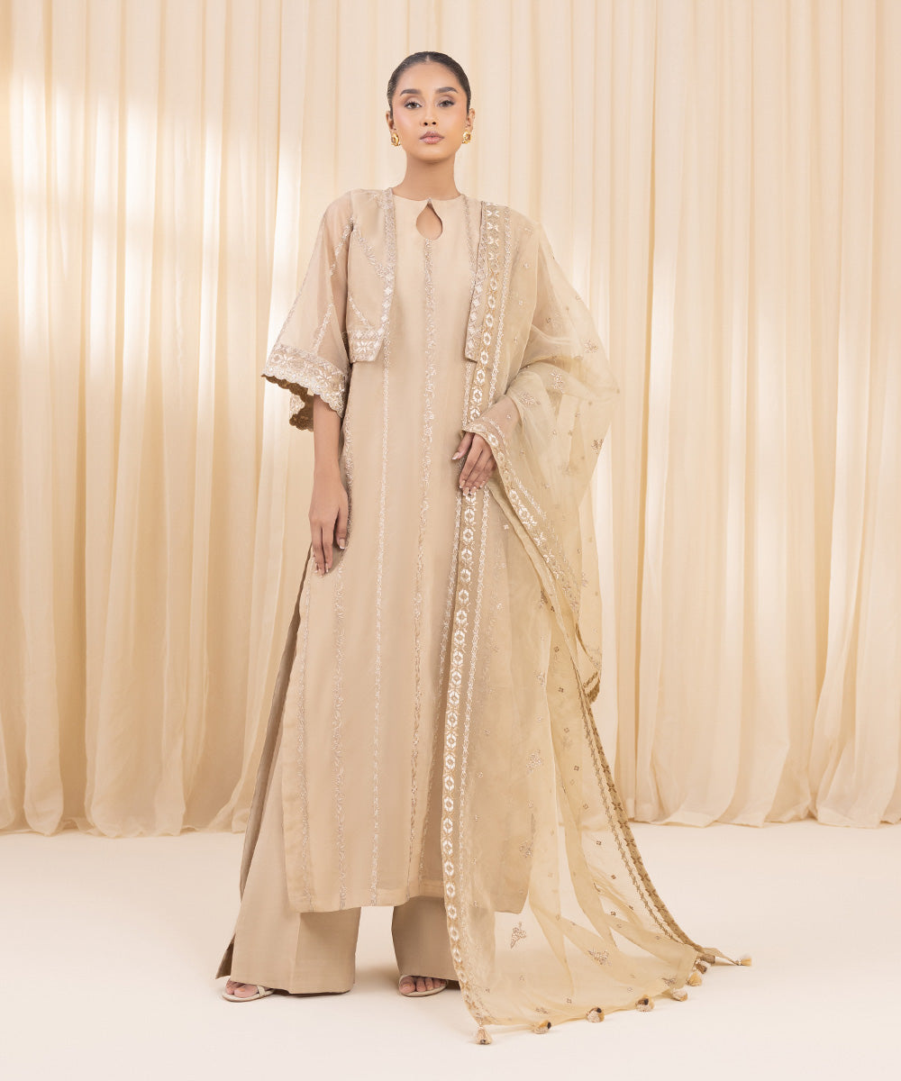 Women's Unstitched Blended Organza Embroidered Beige 3 Piece Suit