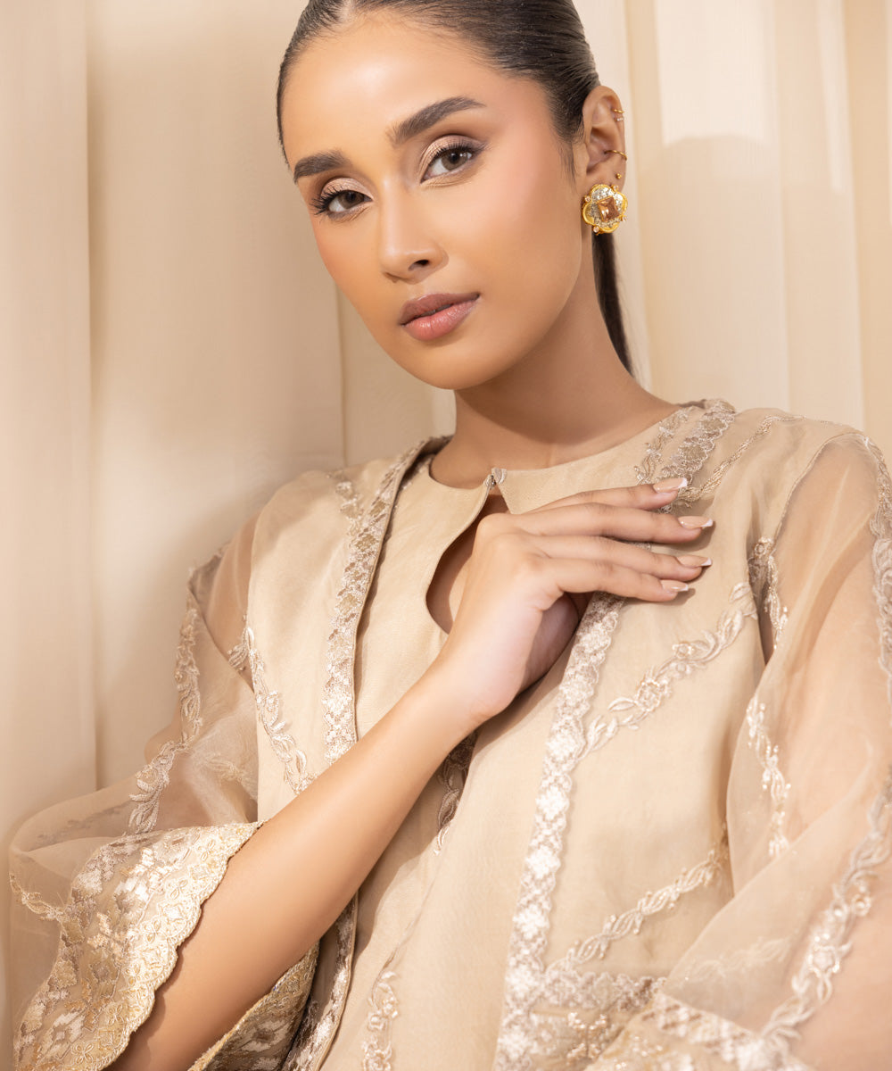 Women's Unstitched Blended Organza Embroidered Beige 3 Piece Suit