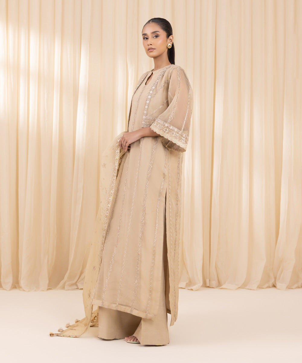 Women's Unstitched Blended Organza Embroidered Beige 3 Piece Suit