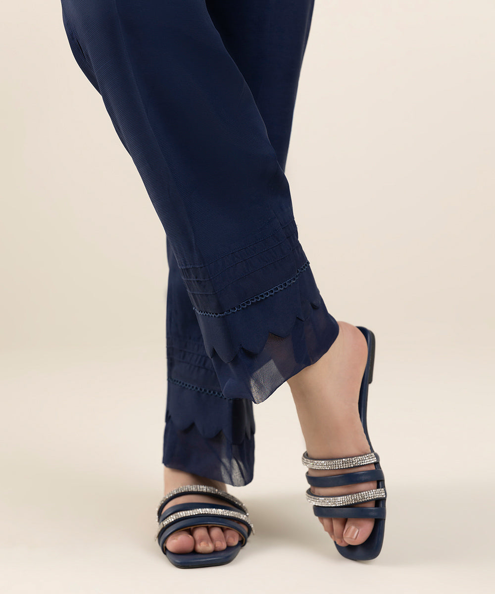 Women's Pret Viscose Raw Silk Blue Dyed Straight Pants