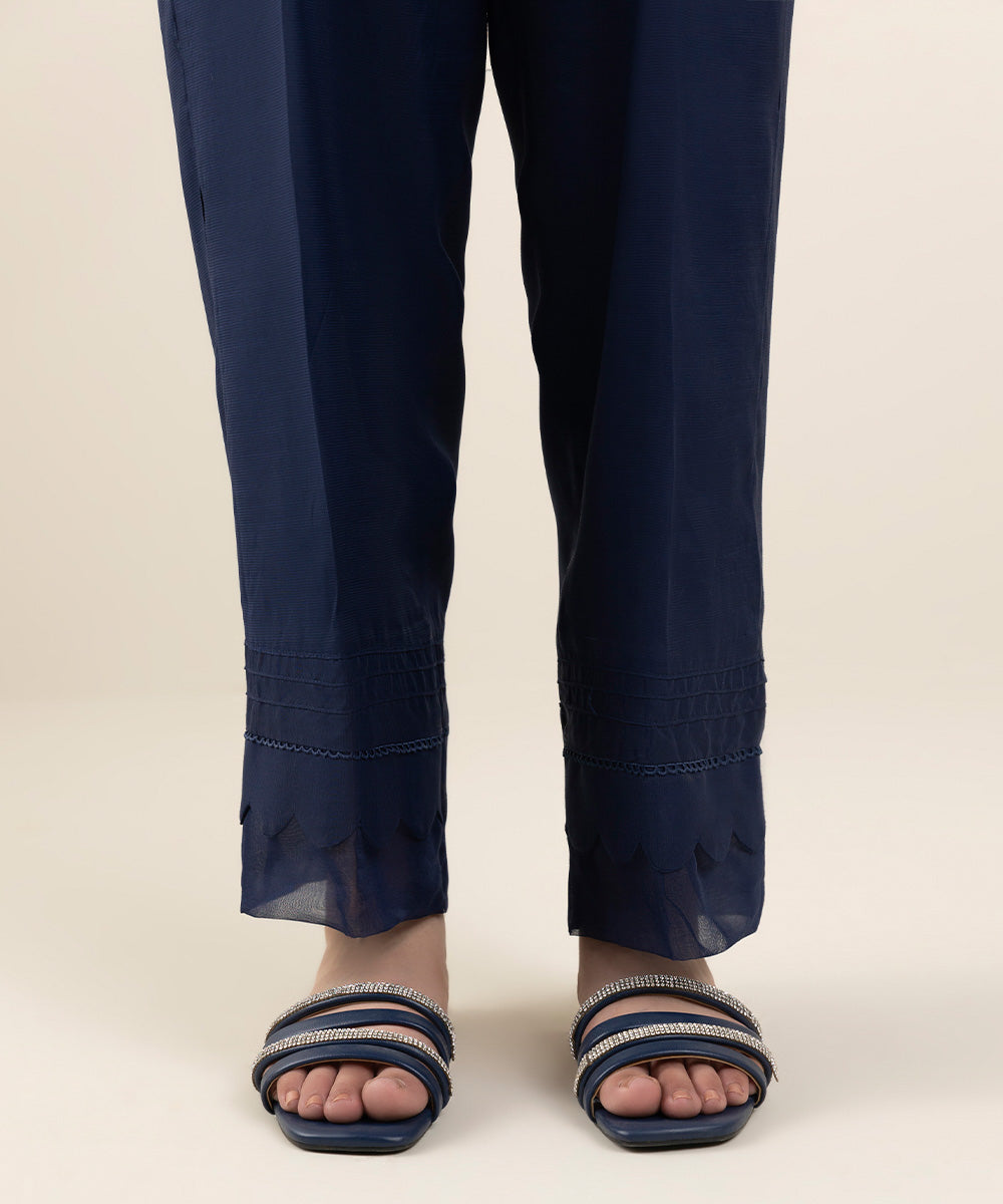 Women's Pret Viscose Raw Silk Blue Dyed Straight Pants