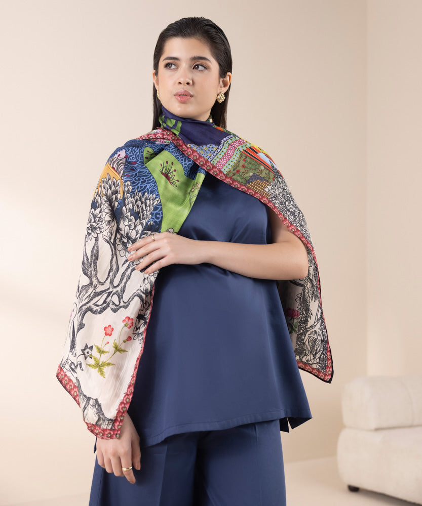 Women's Pret Cream White Printed Silk Dupatta