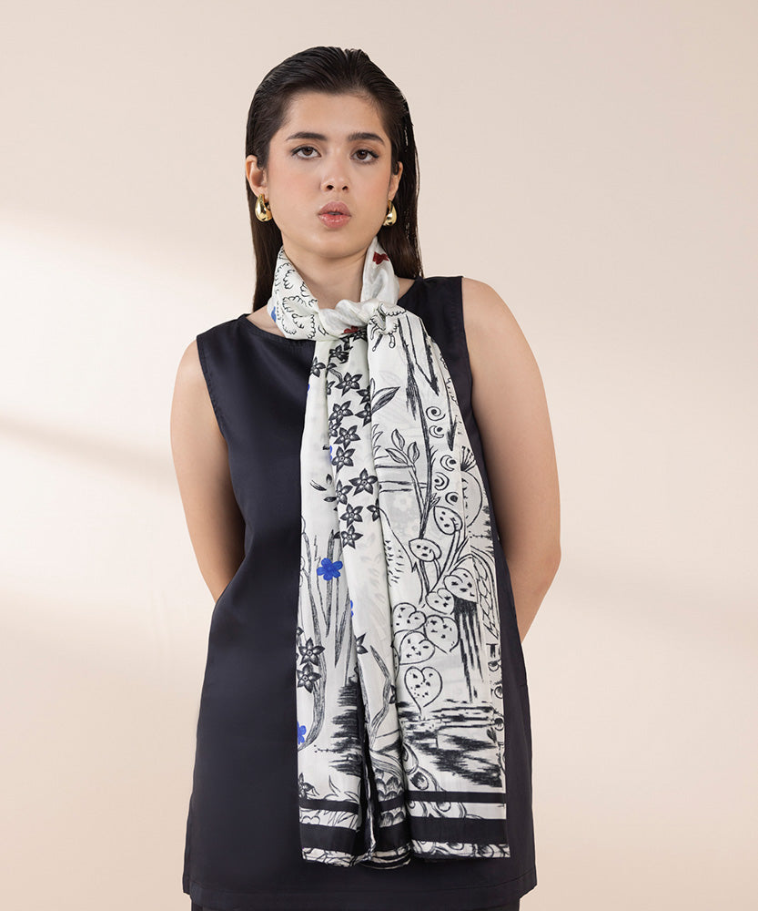 Women's Pret Off White Printed Silk Dupatta