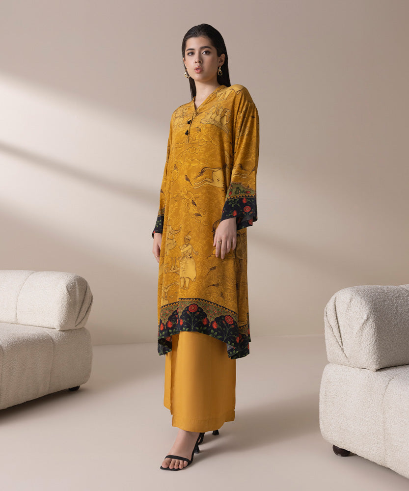 Women's Pret Burnt Mustard 2 Piece Printed Raw Silk Suit