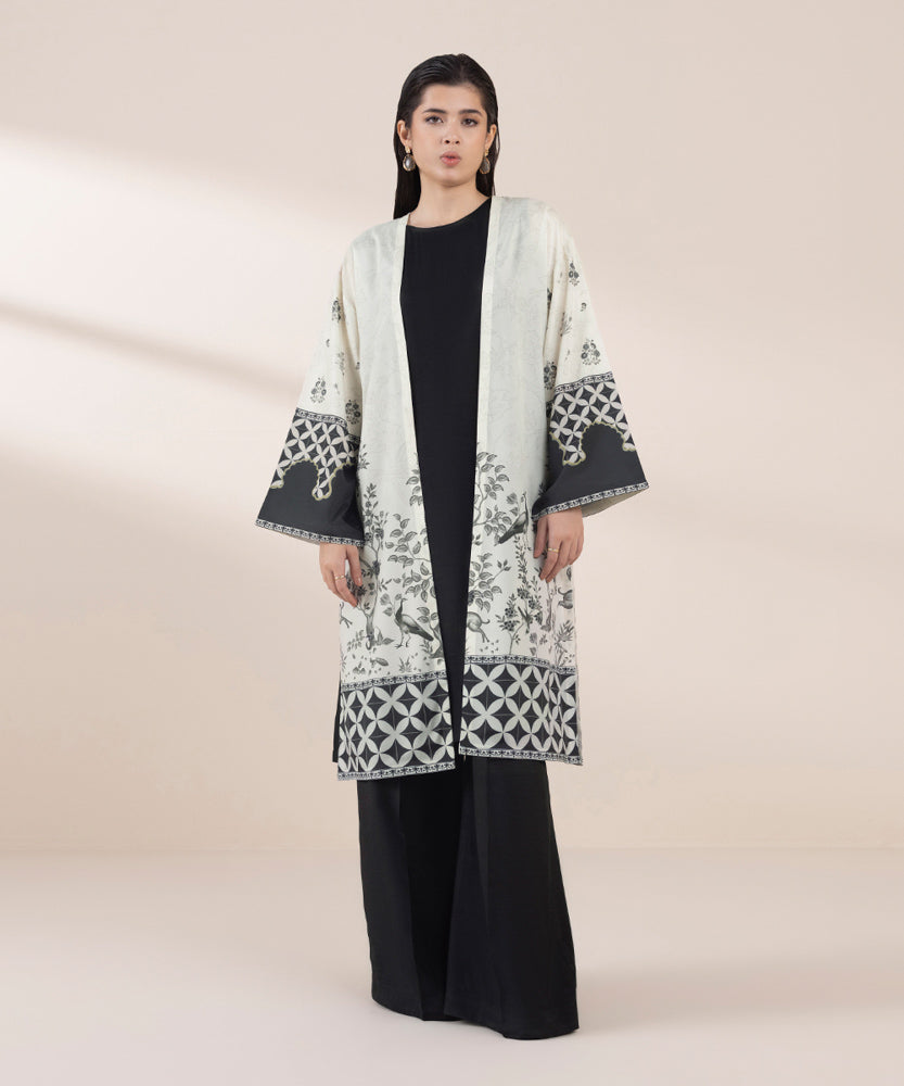 Women's Pret Off White & Black 2 Piece Printed Raw Silk Suit