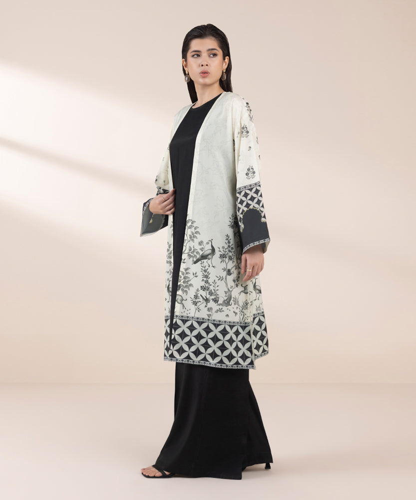 Women's Pret Off White & Black 2 Piece Printed Raw Silk Suit