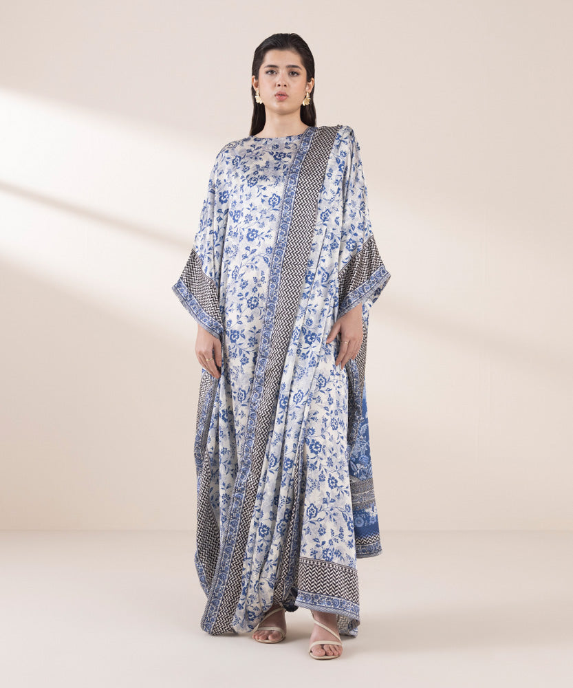 Women's Pret Off White Printed Satin Kaftan