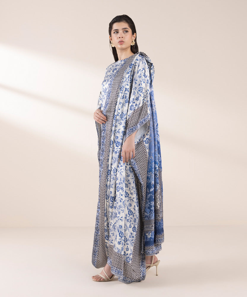 Women's Pret Off White Printed Satin Kaftan