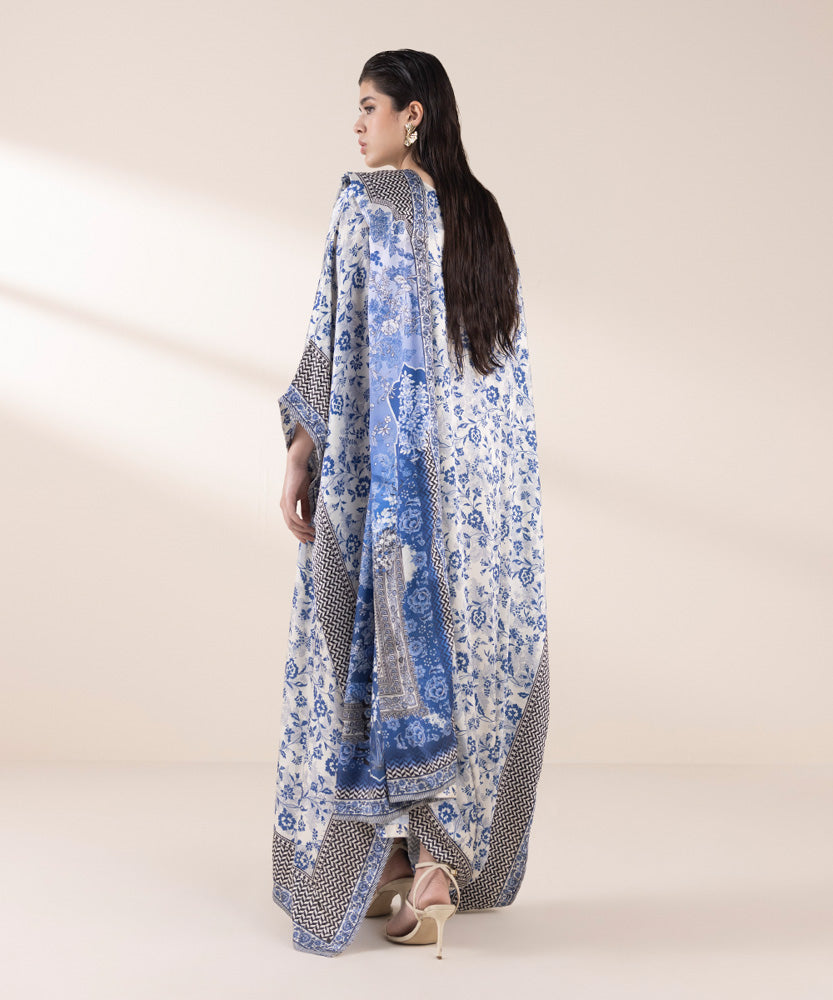 Women's Pret Off White Printed Satin Kaftan