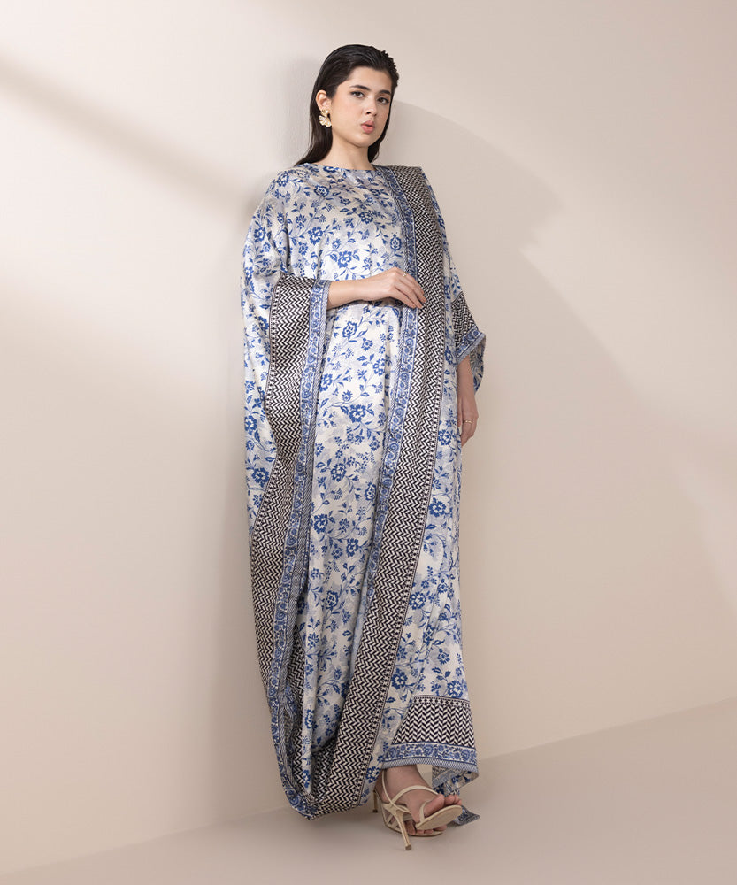 Women's Pret Off White Printed Satin Kaftan