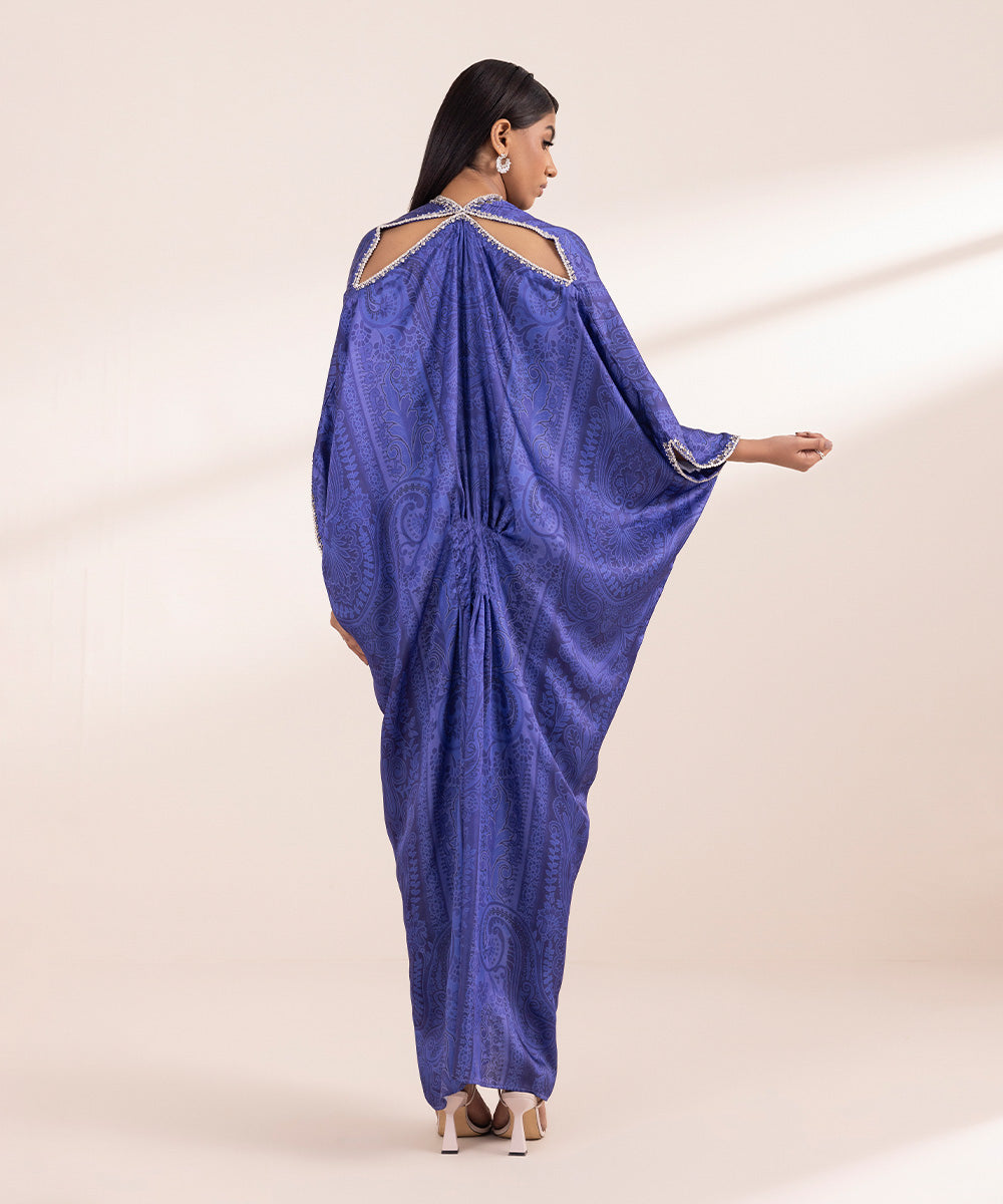 Women's Pret Blended Satin Printed Purple Kaftan