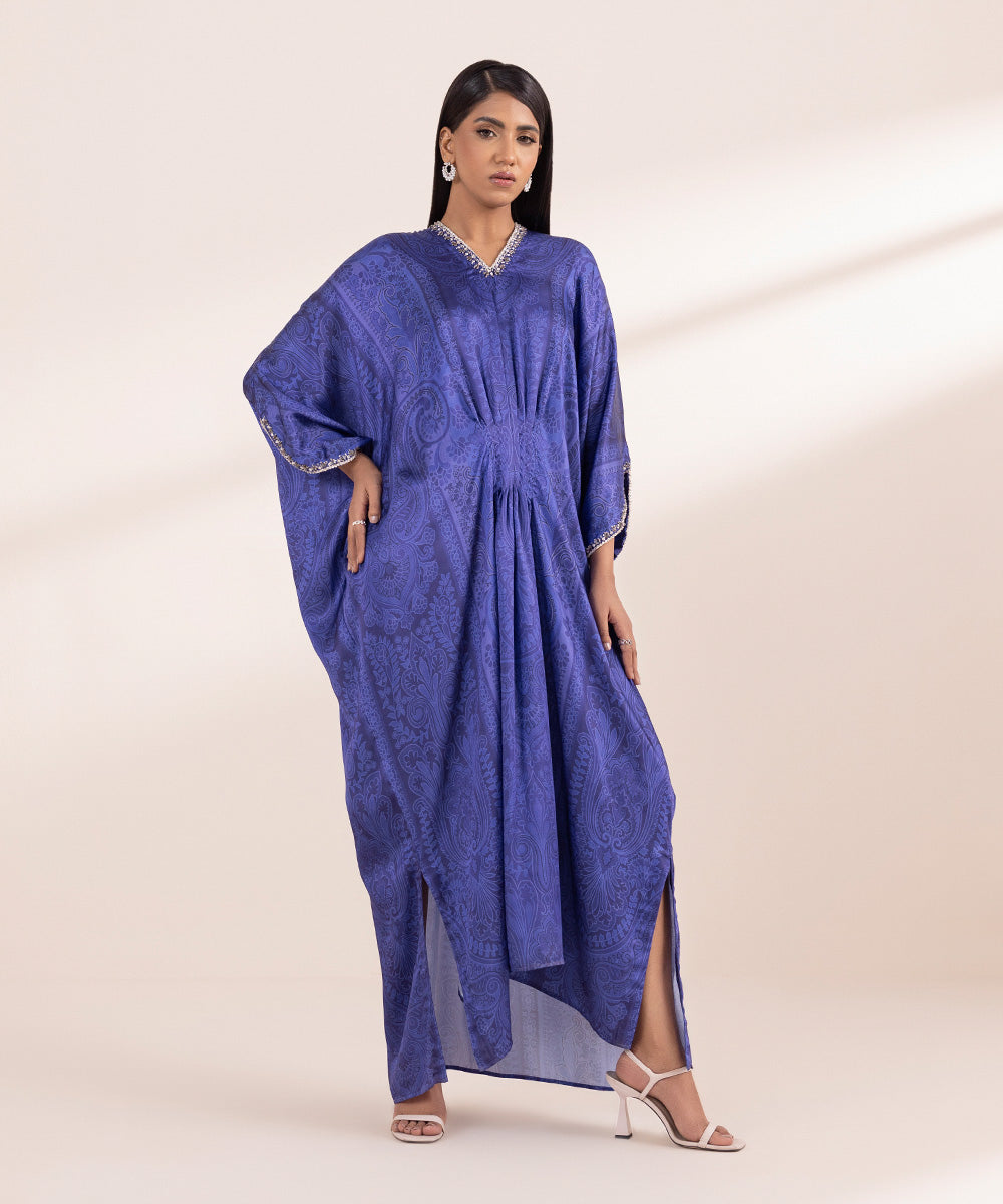 Women's Pret Blended Satin Printed Purple Kaftan