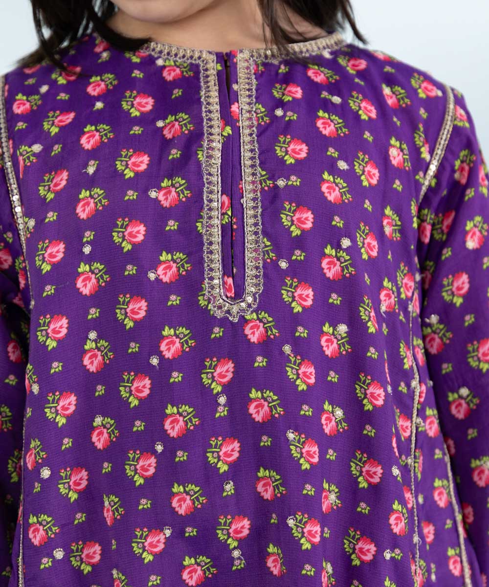 Girls 2 Piece Printed Embroidered Viscose Raw Silk Suit in Purple