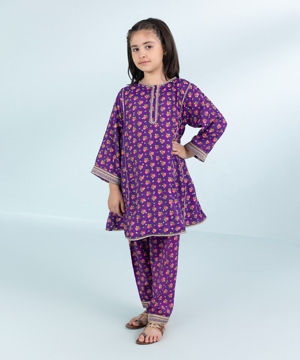 Girls 2 Piece Printed Embroidered Viscose Raw Silk Suit in Purple