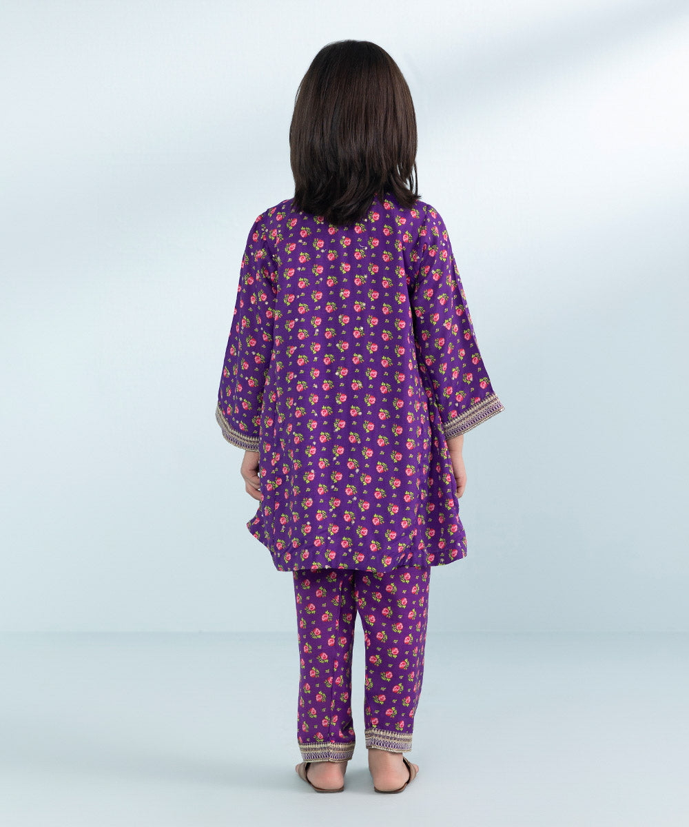 Girls 2 Piece Printed Embroidered Viscose Raw Silk Suit in Purple