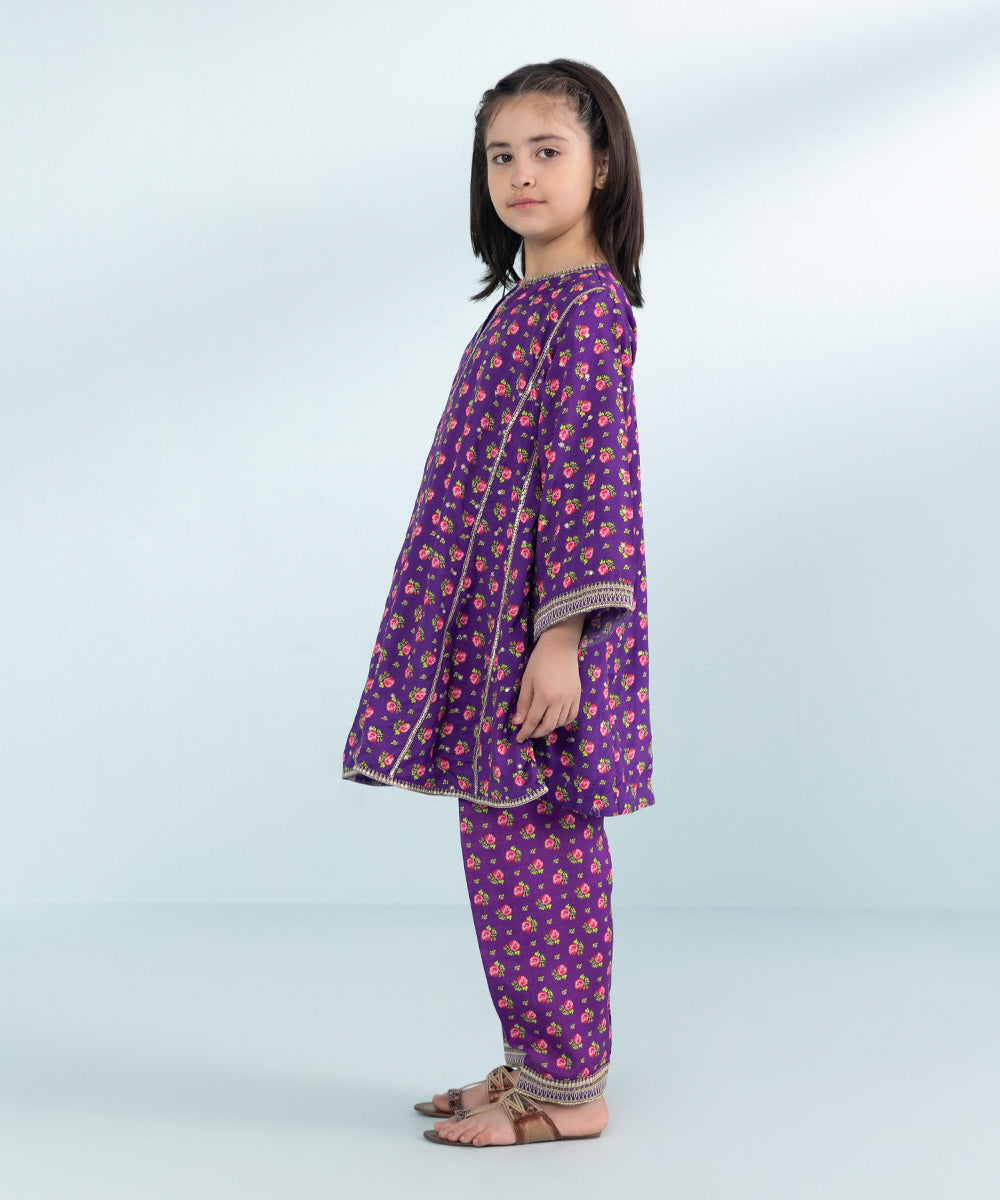 Girls 2 Piece Printed Embroidered Viscose Raw Silk Suit in Purple