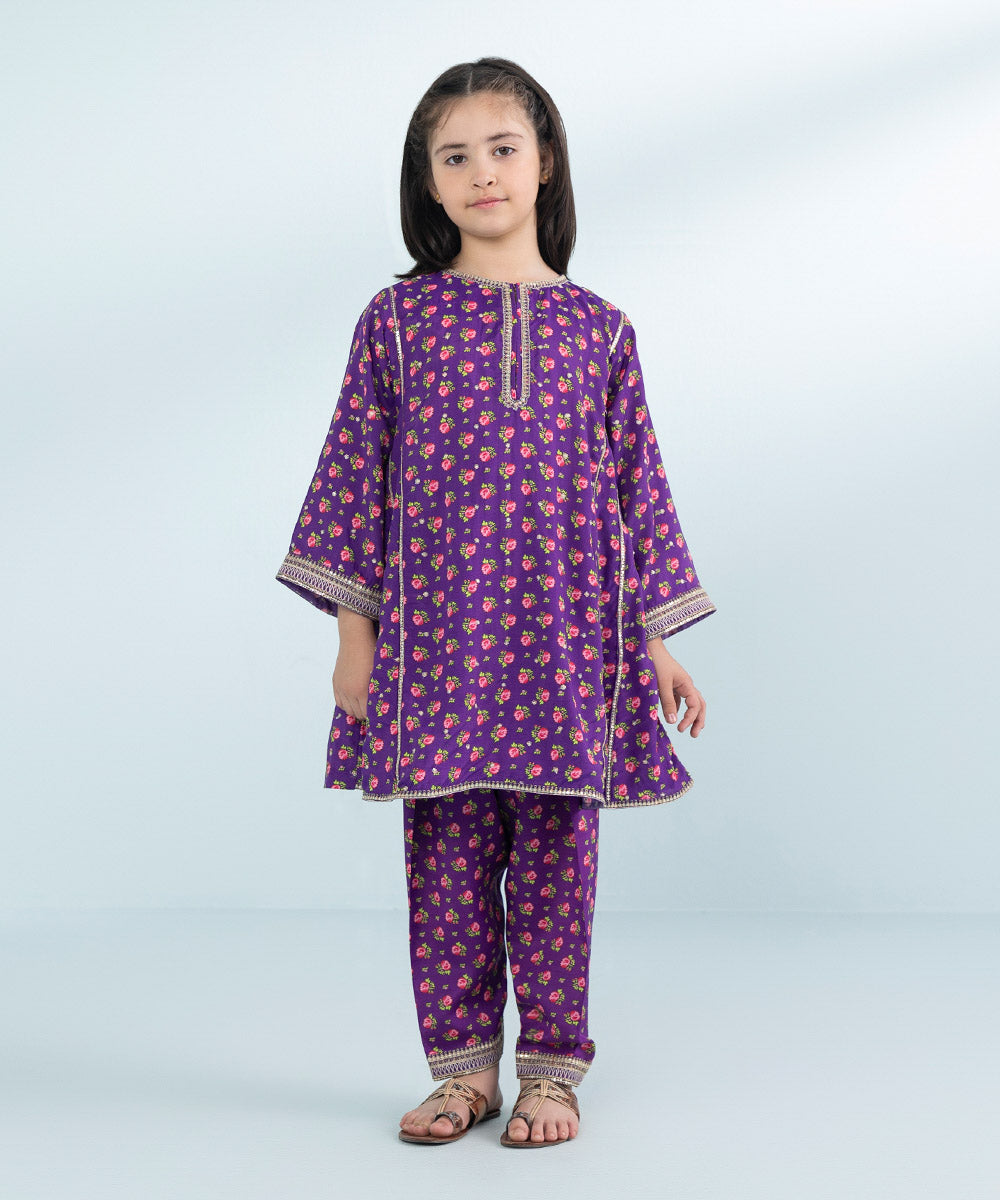 Girls 2 Piece Printed Embroidered Viscose Raw Silk Suit in Purple