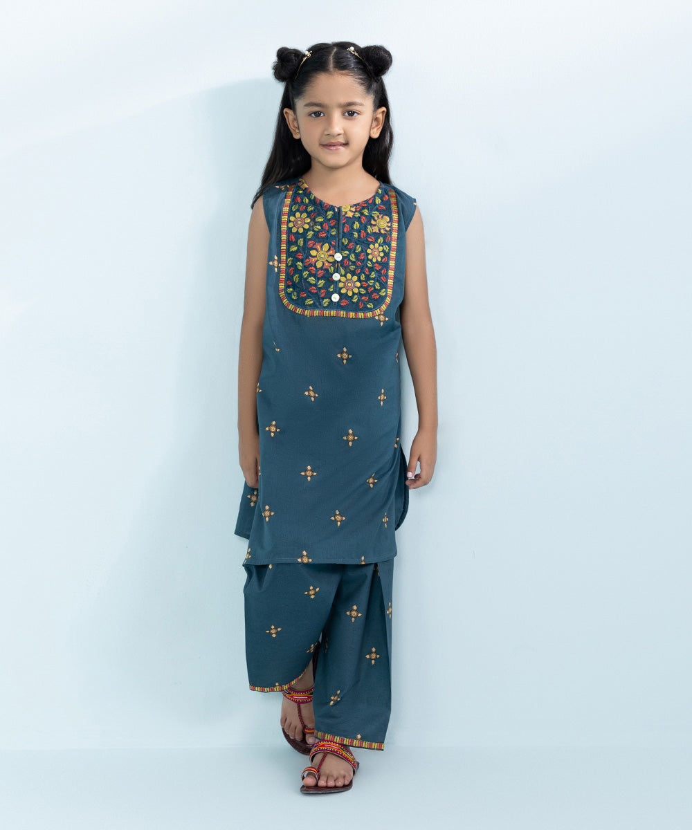 Kids East Girls Blue 2 Piece Embroidered Lawn Suit