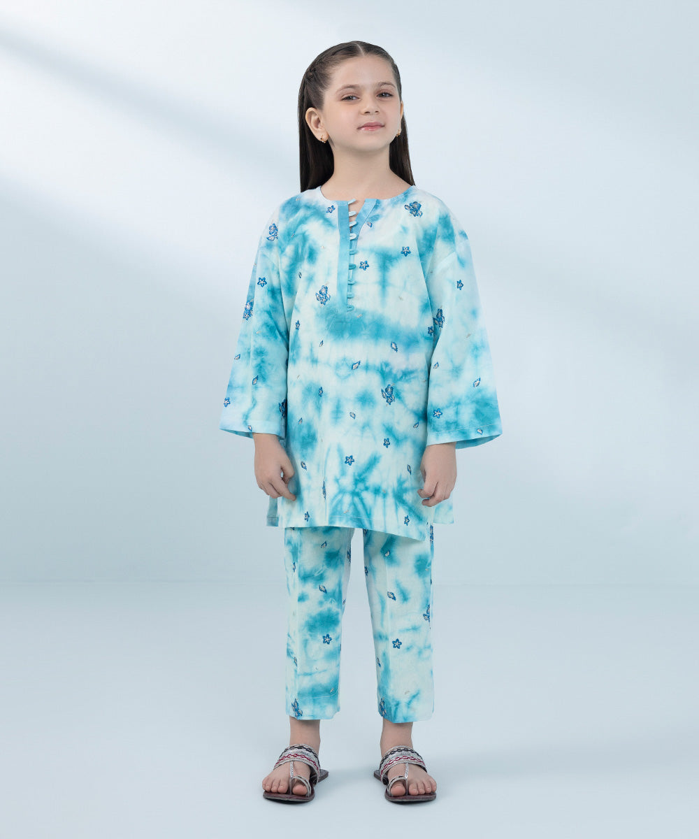 Kids East Girl's Blue Embroidered Cambric Suit