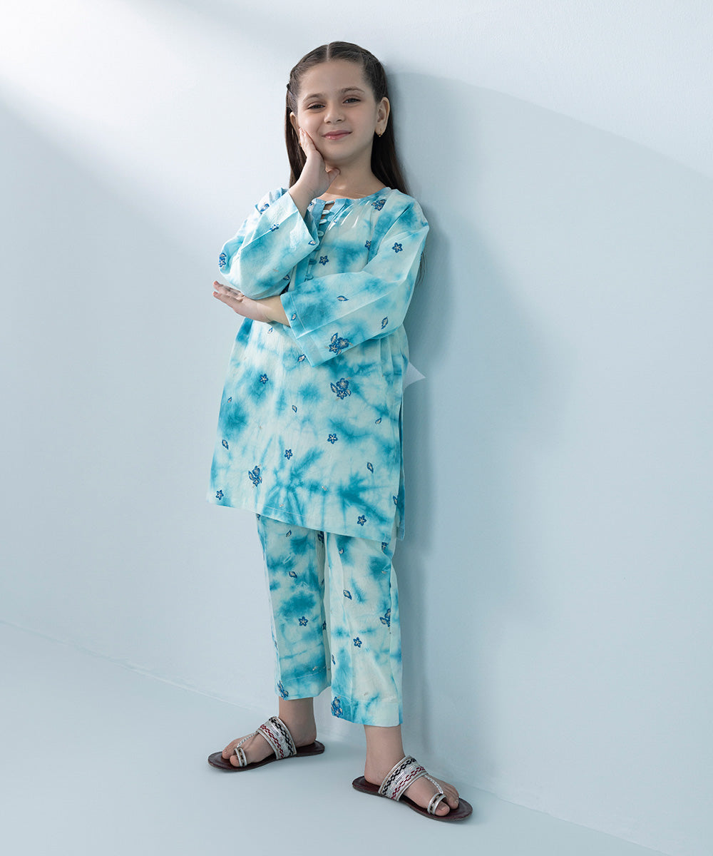 Kids East Girl's Blue Embroidered Cambric Suit