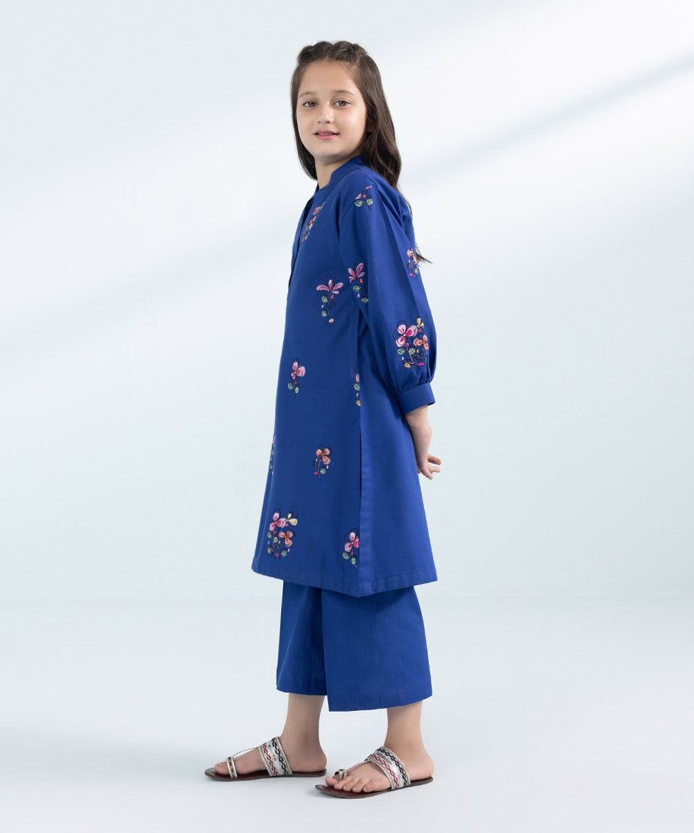 Kids East Girls Navy Blue 2 Piece Embroidered Cambric Suit