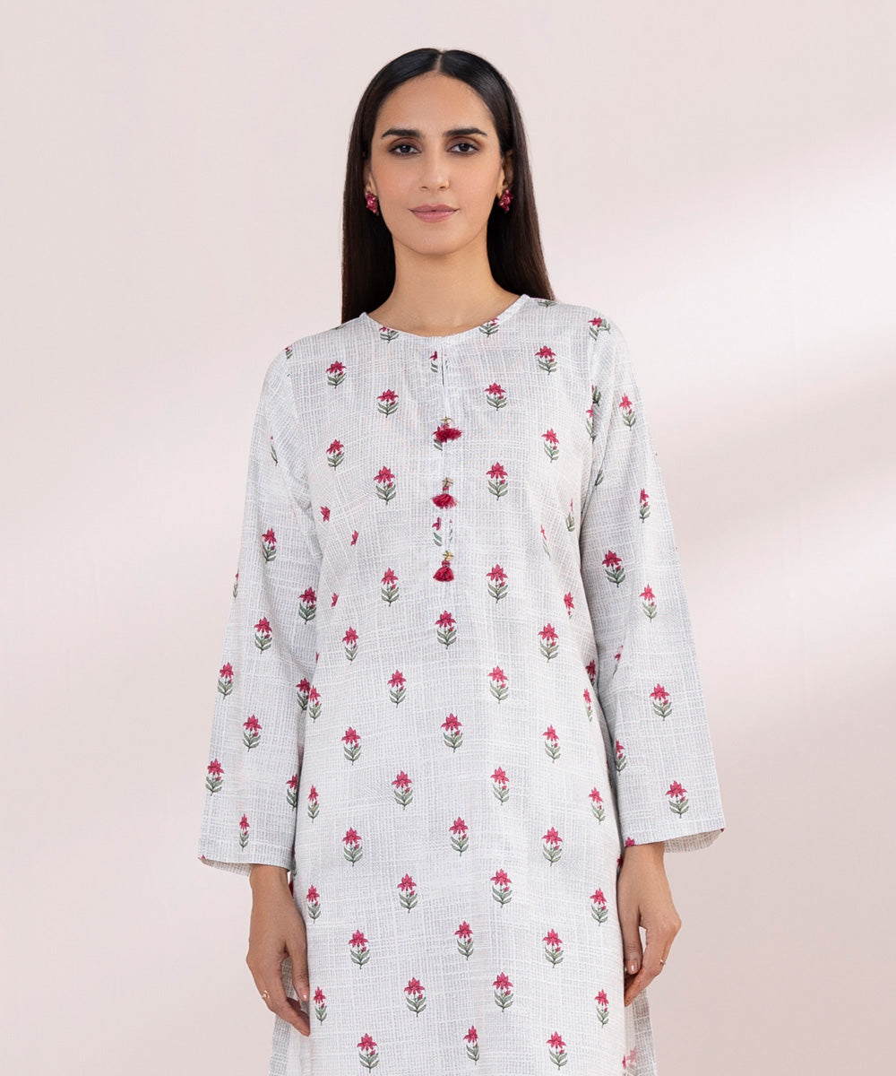 Women's Pret Cotton White Printed A-Line Shirt